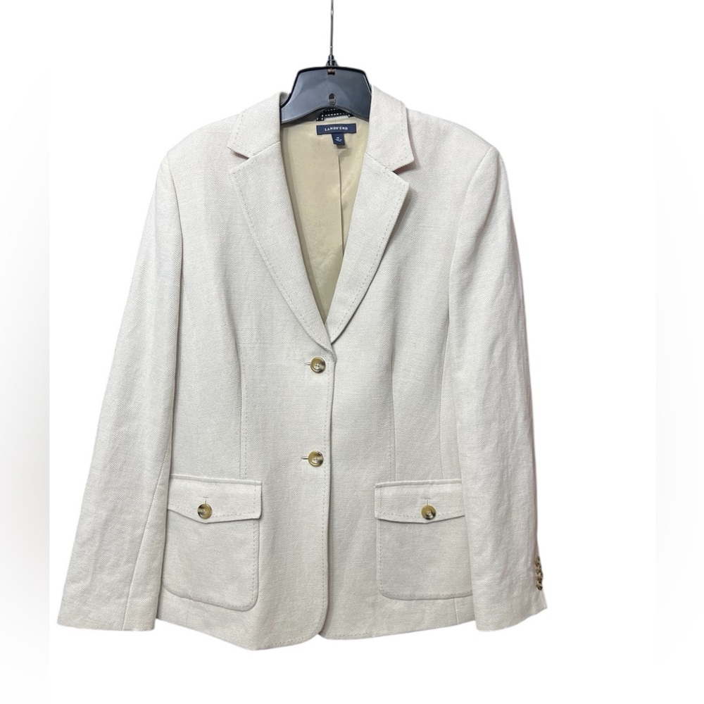 Lands' End Twill Blazer Linen Blend Women’s cream 2 Button Lined Size 16T
